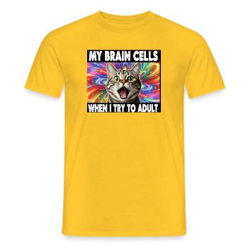 An intelligently humorous cat - Men's T-Shirt - yellow - Front - AI Model Male 178 dark (178cm)