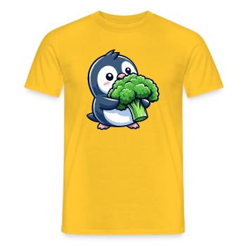 Funny Penguin with Broccoli Vegetables Vegan Comic - Men's T-Shirt - yellow - Front - AI Model Male 178 dark (178cm)