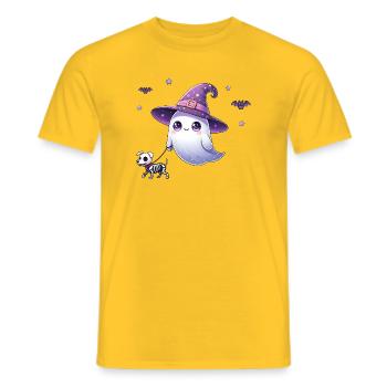 Fantôme de sorcière avec chien squelette – Chemise d’Halloween - T-shirt homme - jaune - Devant - AI Model Male 178 dark (178cm)