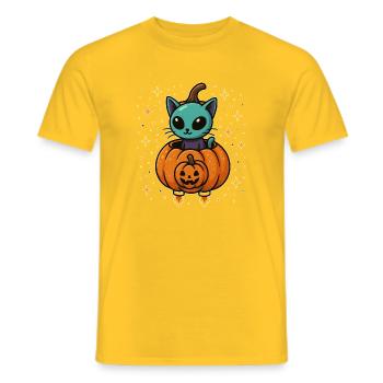 Cat Pumpkin: Halloween Pumpkin Flight - Men's T-Shirt - yellow - Front - AI Model Male 178 dark (178cm)