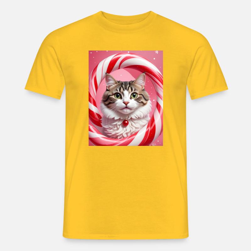 Weihnachtskatze im Süßigkeiten-Ring-Design - Männer T-Shirt - Gelb