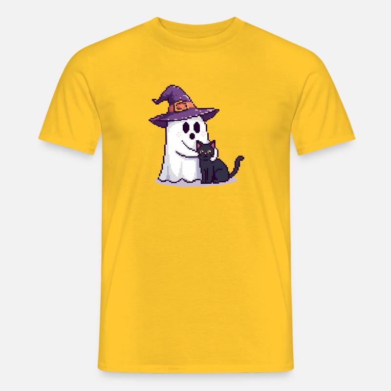 Pixel Geist mit Hexenhut & Katze – Halloween - Männer T-Shirt - Gelb