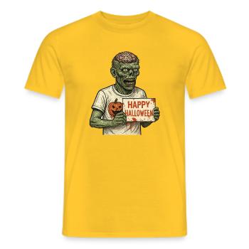 Scary zombie with Happy Halloween sign - Men's T-Shirt - yellow - Front - AI Model Male 178 dark (178cm)