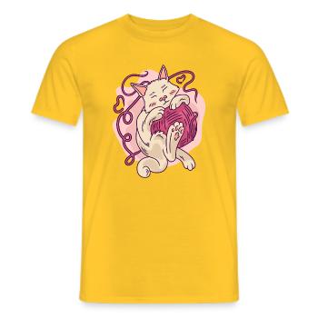 Cute Cozy Cat Hugging Yarn Ball Cartoon - Men's T-Shirt - yellow - Front - AI Model Male 178 dark (178cm)
