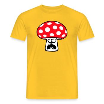 Mushroom frightened, panicking, looking up, - Men's T-Shirt - yellow - Front - AI Model Male 178 dark (178cm)