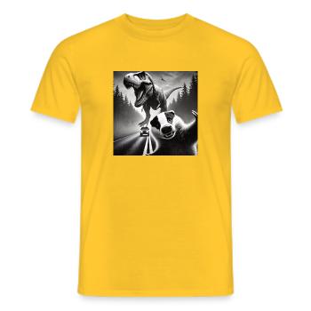 Un blaireau rencontre un dinosaure sur une route de campagne lugubre - T-shirt homme - jaune - Devant - AI Model Male 178 dark (178cm)