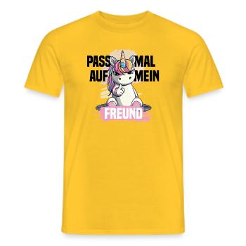 Naughty Unicorn – Watch out, my friend! - Men's T-Shirt - yellow - Front - AI Model Male 178 dark (178cm)