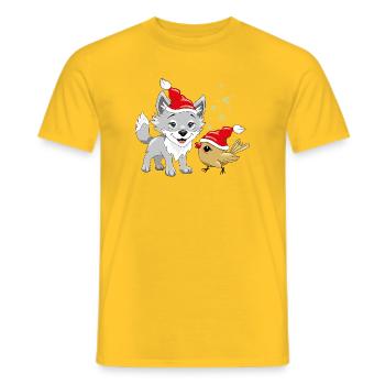 Lächelnder Wolf und süßes Vögelchen in Weihnachtsmützen - Männer T-Shirt - Gelb - Vorne - AI Model Male 178 dark (178cm)