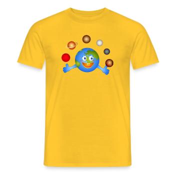 Funny Earth juggles with colorful planets - Men's T-Shirt - yellow - Front - AI Model Male 178 dark (178cm)