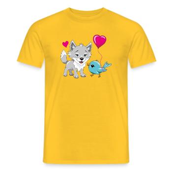 Happy baby wolf and cute birdie with a balloon - Men's T-Shirt - yellow - Front - AI Model Male 178 dark (178cm)