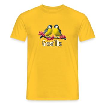 Duo de mésanges charbonnières sur fruits rouges - T-shirt homme - jaune - Devant - AI Model Male 178 dark (178cm)