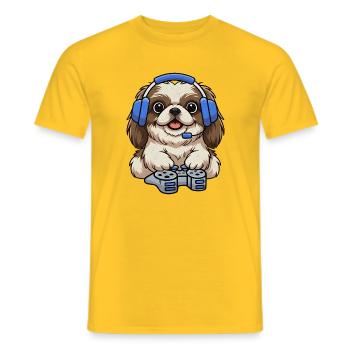 Pekingese dog playing games - Men's T-Shirt - yellow - Front - AI Model Male 178 dark (178cm)