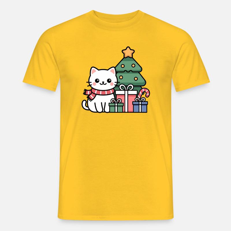 Kawaii Weihnachts Katze mit Geschenken - Männer T-Shirt - Gelb