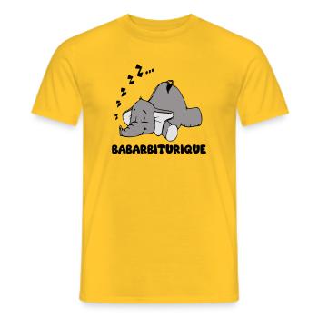Sleeping Elephant with the title babarbituric - Men's T-Shirt - yellow - Front - AI Model Male 178 dark (178cm)