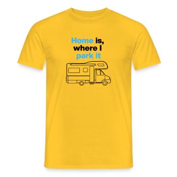 Home is where I park it. Campervan and road tripper - Men's T-Shirt - yellow - Front - AI Model Male 178 dark (178cm)