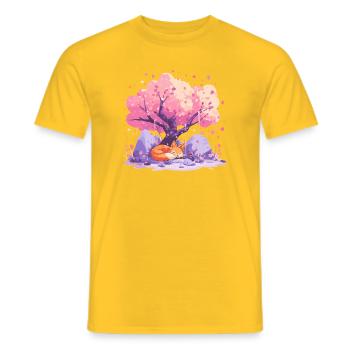 Sleeping fox under cherry tree - Men's T-Shirt - yellow - Front - AI Model Male 178 dark (178cm)