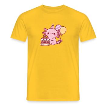 Cute Axolotl With Birthday Cake and Balloons - Men's T-Shirt - yellow - Front - AI Model Male 178 dark (178cm)