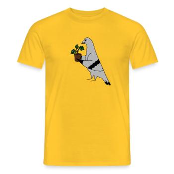 Pigeon with Plant – Minimal urban illustration - Men's T-Shirt - yellow - Front - AI Model Male 178 dark (178cm)