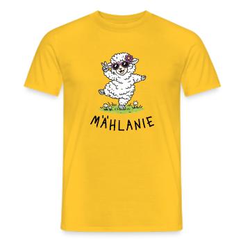 Mählanie – Cute dancing sheep with a play on words - Men's T-Shirt - yellow - Front - AI Model Male 178 dark (178cm)