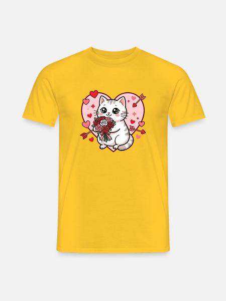 Kawaii Kat Valentijn Roos Boeket Hart - Heren T-shirt - geel