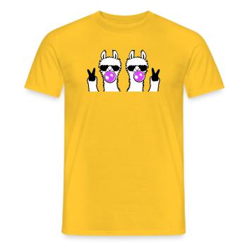 Deux lamas avec des lunettes de soleil chewing-gum, signe de paix mignon. - T-shirt homme - jaune - Devant - AI Model Male 178 dark (178cm)