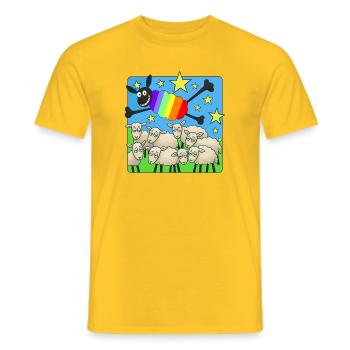 Paresseux arc-en-ciel au-dessus des moutons endormis - T-shirt homme - jaune - Devant - AI Model Male 178 dark (178cm)