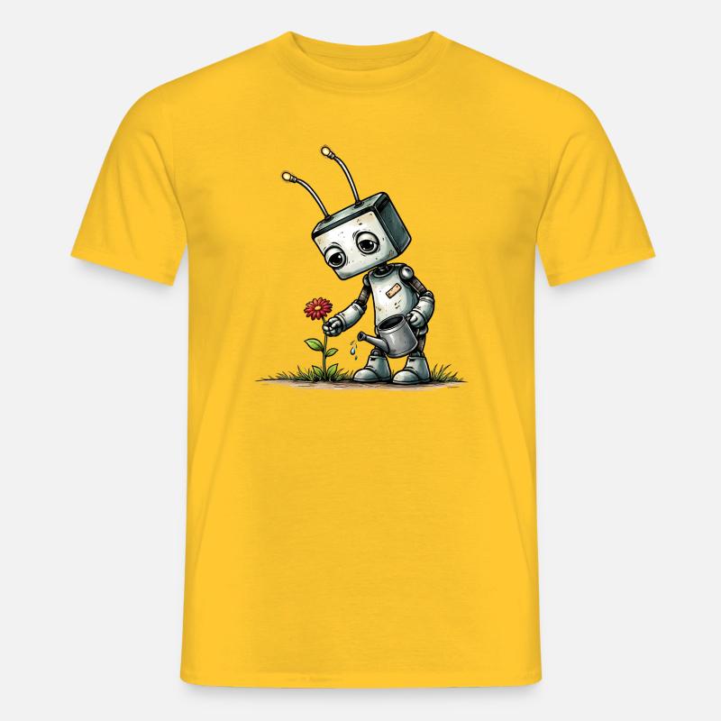 Roboter gießt eine Blume  - Männer T-Shirt - Gelb