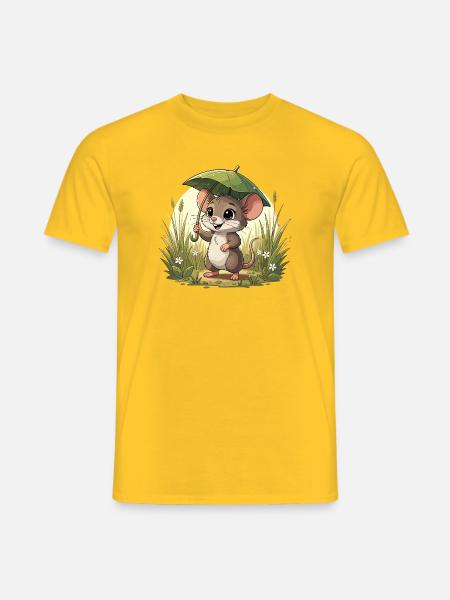 Kleines Mäuschen mit Schirm im Gras - Männer T-Shirt - Gelb