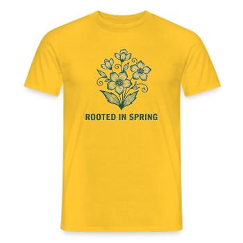 Rooted in Spring Organic Linocut Flower Print - Men's T-Shirt - yellow - Front - AI Model Male 178 dark (178cm)