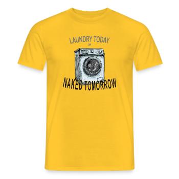 Lessive aujourd’hui ou nue demain – Chemise amusante - T-shirt homme - jaune - Devant - AI Model Male 178 dark (178cm)