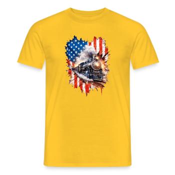 Steam Train Patriotism with US Flag - Men's T-Shirt - yellow - Front - AI Model Male 178 dark (178cm)