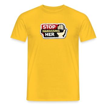 Stop Harassing Her Respect Women Sticker - Men's T-Shirt - yellow - Front - AI Model Male 178 dark (178cm)