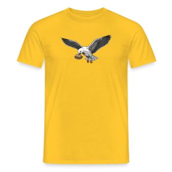 Funny Seagull Steals Fish Rolls Beach - Men's T-Shirt - yellow - Front - AI Model Male 178 dark (178cm)
