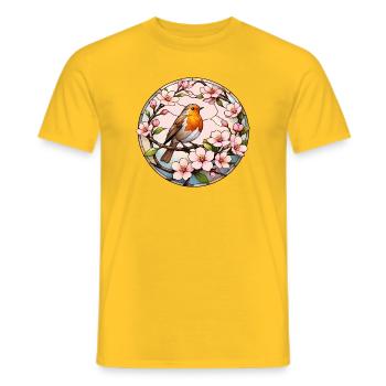 Rotkehlchen mit Kirschblüten Frühlingsmotiv - Männer T-Shirt - Gelb - Vorne - AI Model Male 178 dark (178cm)