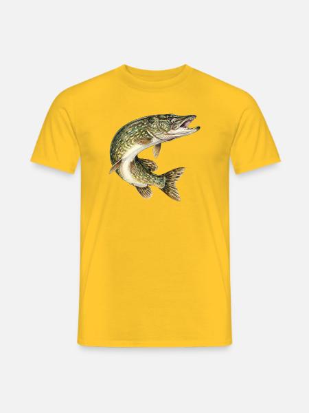 Hecht im Sprung – detaillierte Fischillustration - Männer T-Shirt - Gelb