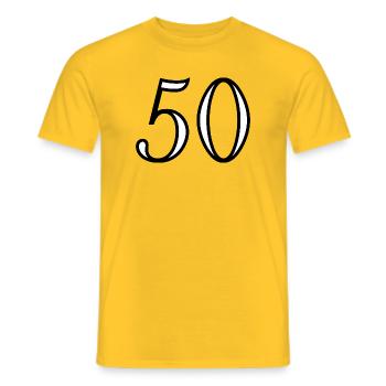 50. 50 YEARS. 50th ANNIVERSARY. 50 YEARS ANNIVERSARY. - Men's T-Shirt - yellow - Front - AI Model Male 178 dark (178cm)