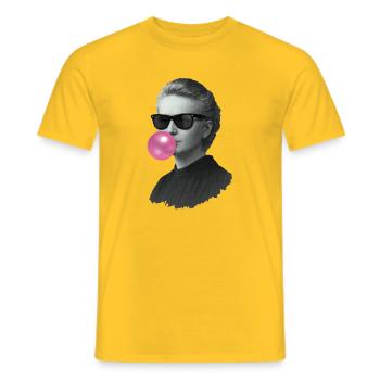 Marie Curie with bubblegum and sunglasses - Men's T-Shirt - yellow - Front - AI Model Male 178 dark (178cm)