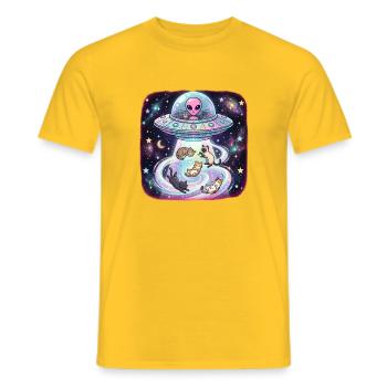 Here For The Cats Humans Are Weird Weltraum Mieze - Men's T-Shirt - yellow - Front - AI Model Male 178 dark (178cm)