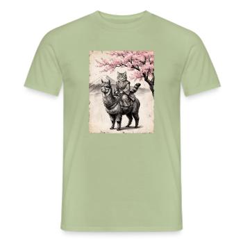 Katze reitet Lama - Männer T-Shirt - Sage - Vorne - AI Model Male 178 light (178cm)