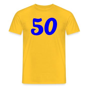 50. 50 YEARS. 50th ANNIVERSARY. 50 YEARS ANNIVERSARY. - Men's T-Shirt - yellow - Front - AI Model Male 178 dark (178cm)