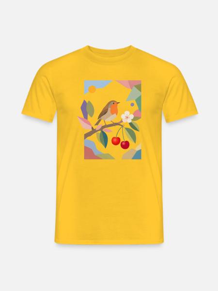 Robin Bird on Branch Cherry Design - Men's T-Shirt - yellow