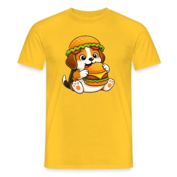 Petit petit petit chien animé avec un burger en fast-food - T-shirt homme - jaune - Devant - AI Model Male 178 dark (178cm)
