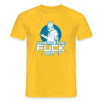 Où diable suis-je ? – Humour de bureau - T-shirt homme - jaune - Devant - AI Model Male 178 dark (178cm)