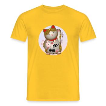 Winkende japanische Katze Abbildung mit Inschrift - Männer T-Shirt - Gelb - Vorne - AI Model Male 178 dark (178cm)
