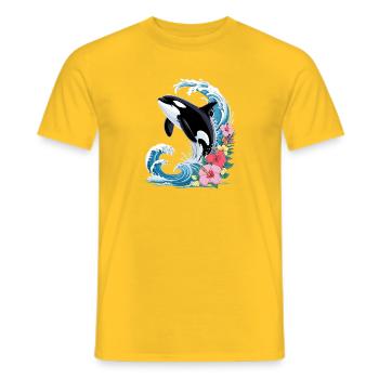 Orca wave with tropical hibiscus flowers summer - Men's T-Shirt - yellow - Front - AI Model Male 178 dark (178cm)