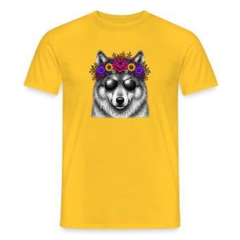 Loup avec une couronne de fleurs et des lunettes de soleil - T-shirt homme - jaune - Devant - AI Model Male 178 dark (178cm)