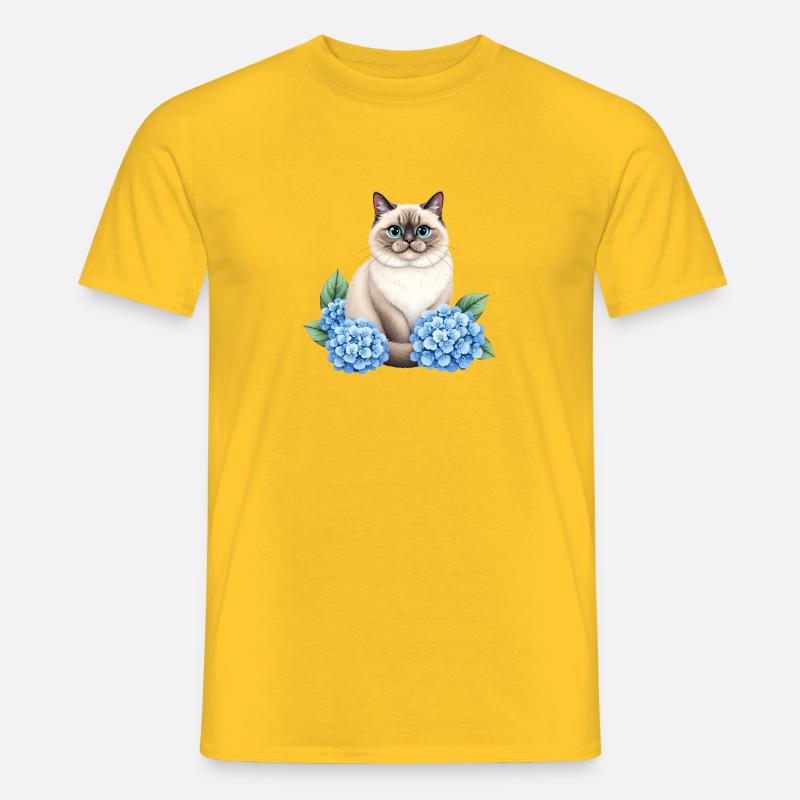 Cute Ragdoll Cat with Blue Hydrangeas - Männer T-Shirt - Gelb
