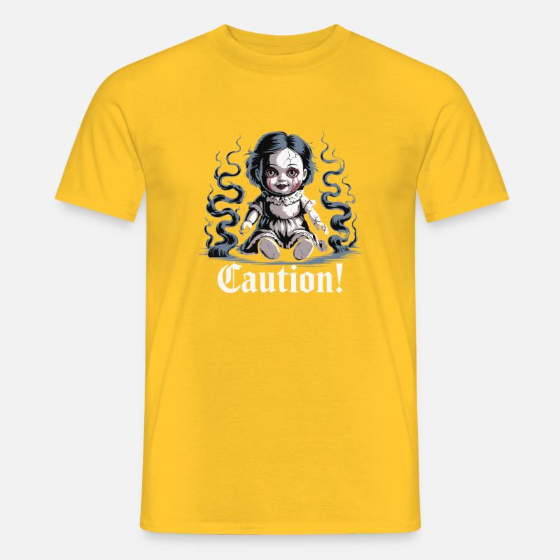 Creepy Doll with Caution Text - Men's T-Shirt - yellow
