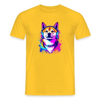 Shiba Inu with headphones - Men's T-Shirt - yellow - Front - AI Model Male 178 dark (178cm)