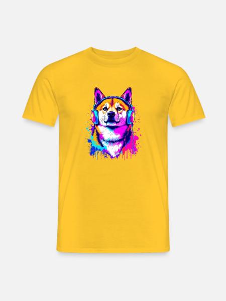 Shiba Inu mit Kopfhörern - Männer T-Shirt - Gelb